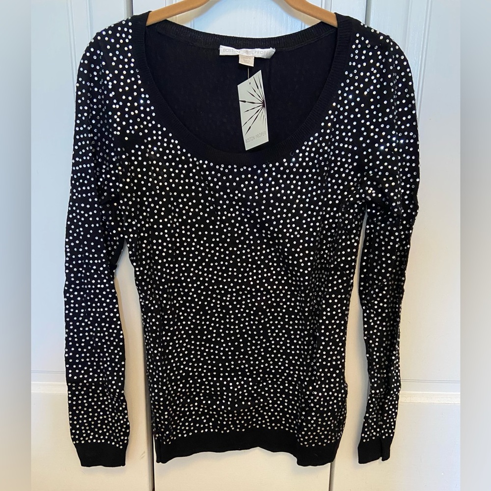 Boston Proper Rhinestone Sweater, Black, Small, NWT